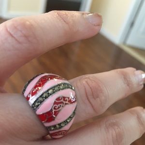 Sterling silver enamel ring 6 pink red marcasite
